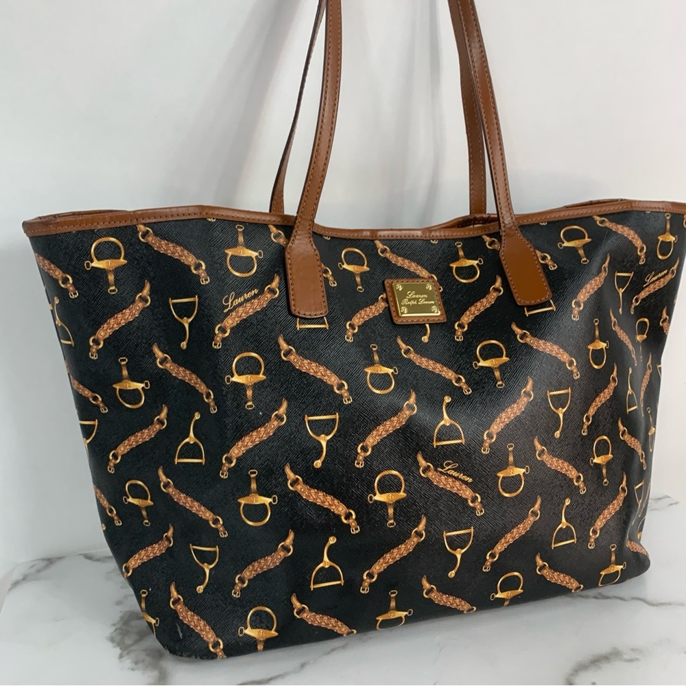 LAUREN RALPH LAUREN Horsebit Canvas Black and Brown Coated Canvas Tote Bag - Picture 2 of 16